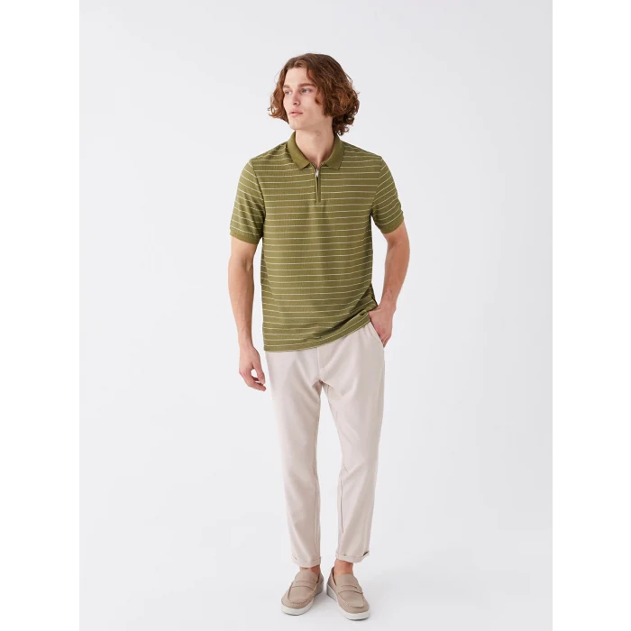 LCW Vision Haki Polo Yaka Kısa Kollu Çizgili Erkek Tişört