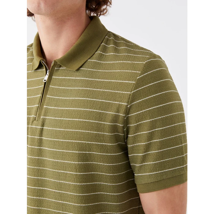 LCW Vision Haki Polo Yaka Kısa Kollu Çizgili Erkek Tişört