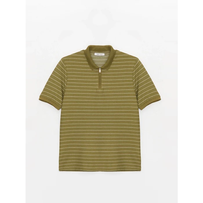 LCW Vision Haki Polo Yaka Kısa Kollu Çizgili Erkek Tişört