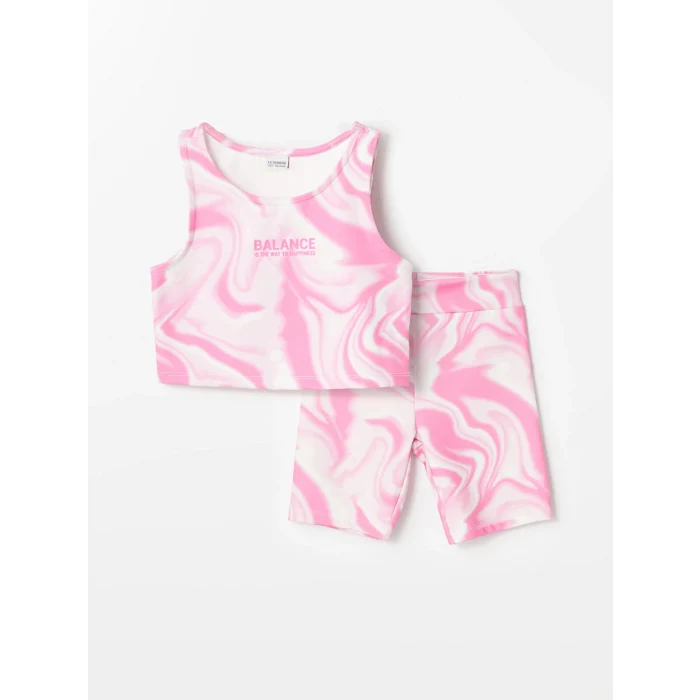 LCW Kids Pembe Bisiklet Yaka Batik Desenli Kız Çocuk Atlet ve Tayt