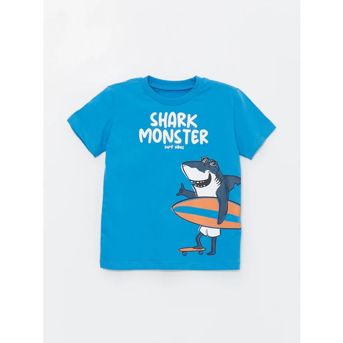 LCW Kids Mavi Bisiklet Yaka Baskılı Erkek Bebek Tişört ve Şort 2li Takım