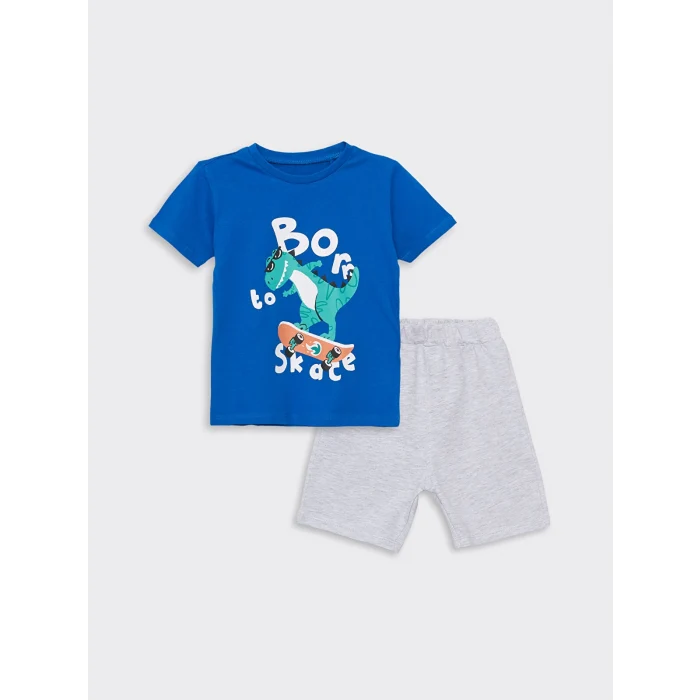 LCW Kids Mavi Bisiklet Yaka Baskılı Erkek Bebek Tişört ve Şort 2li Takım