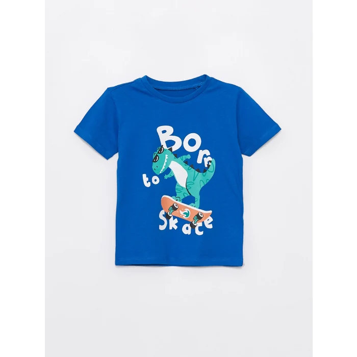 LCW Kids Mavi Bisiklet Yaka Baskılı Erkek Bebek Tişört ve Şort 2li Takım