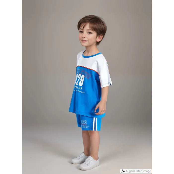 LCW Kids Mavi Bisiklet Yaka Kısa Kollu Baskılı Erkek Bebek Tişört ve Şort 2li Takım