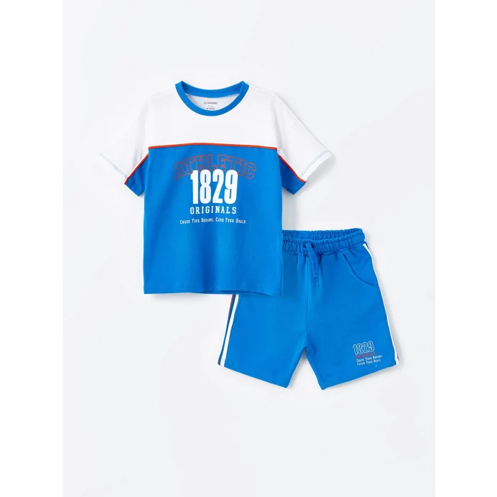 LCW Kids Mavi Bisiklet Yaka Kısa Kollu Baskılı Erkek Bebek Tişört ve Şort 2li Takım