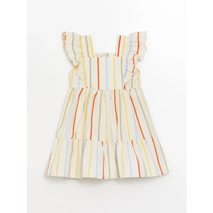 LCW Kids Ekru Kare Yaka Kolsuz Çizgili Kız Bebek Elbise