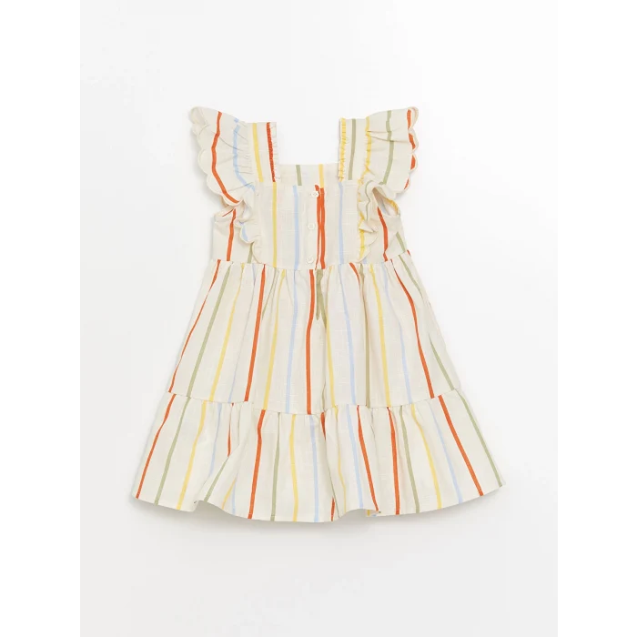 LCW Kids Ekru Kare Yaka Kolsuz Çizgili Kız Bebek Elbise