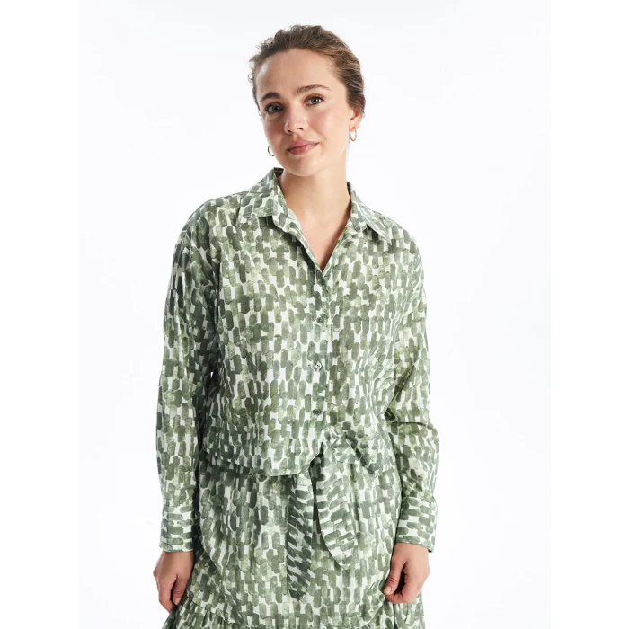 LCW Modest Yeşil Gömlek Yaka Desenli Uzun Kollu Crop Kadın Bluz