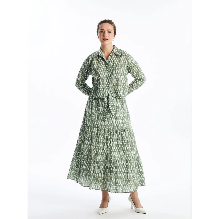 LCW Modest Yeşil Gömlek Yaka Desenli Uzun Kollu Crop Kadın Bluz