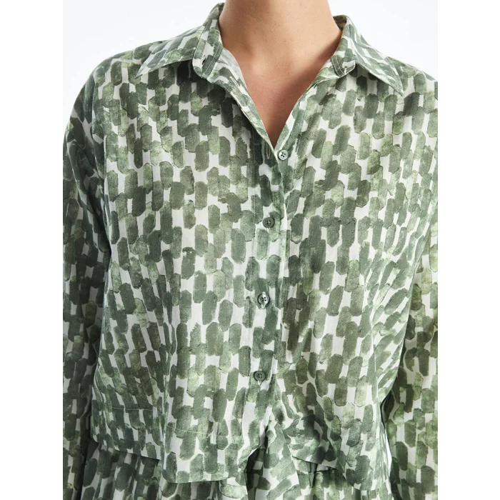 LCW Modest Yeşil Gömlek Yaka Desenli Uzun Kollu Crop Kadın Bluz