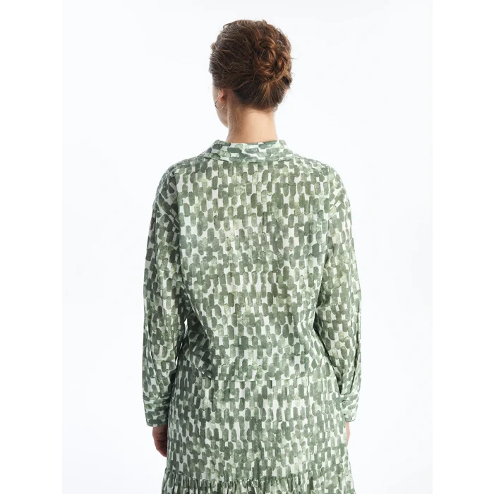 LCW Modest Yeşil Gömlek Yaka Desenli Uzun Kollu Crop Kadın Bluz