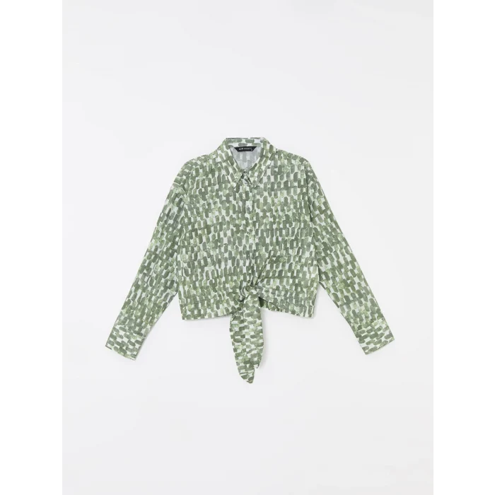 LCW Modest Yeşil Gömlek Yaka Desenli Uzun Kollu Crop Kadın Bluz
