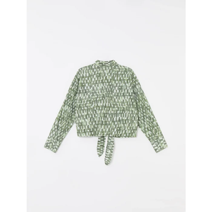 LCW Modest Yeşil Gömlek Yaka Desenli Uzun Kollu Crop Kadın Bluz