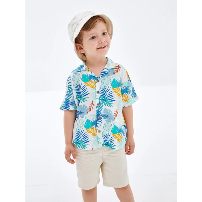LCW Kids Beyaz Resort Yaka Kısa Kollu Baskılı Erkek Bebek Gömlek