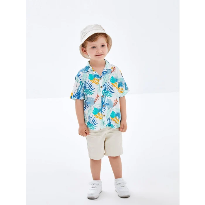 LCW Kids Beyaz Resort Yaka Kısa Kollu Baskılı Erkek Bebek Gömlek