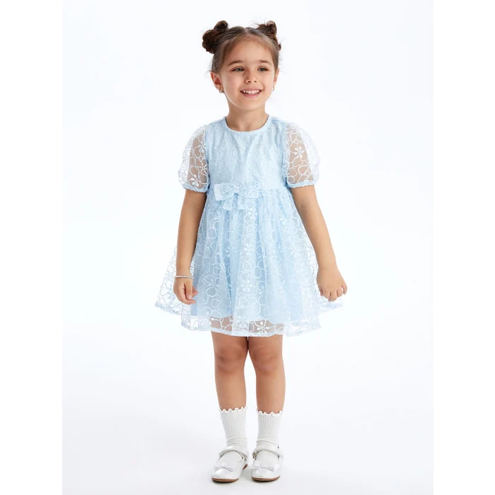 LCW Kids Mavi Bisiklet Yaka Kısa Kollu Dantel Kız Bebek Elbise