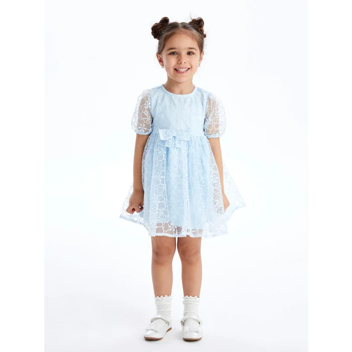 LCW Kids Mavi Bisiklet Yaka Kısa Kollu Dantel Kız Bebek Elbise