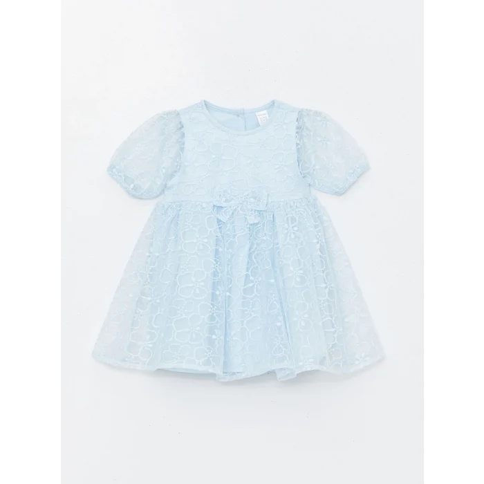 LCW Kids Mavi Bisiklet Yaka Kısa Kollu Dantel Kız Bebek Elbise