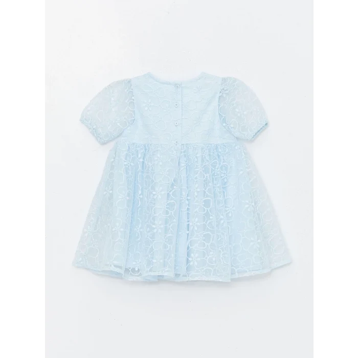 LCW Kids Mavi Bisiklet Yaka Kısa Kollu Dantel Kız Bebek Elbise