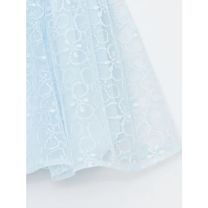 LCW Kids Mavi Bisiklet Yaka Kısa Kollu Dantel Kız Bebek Elbise