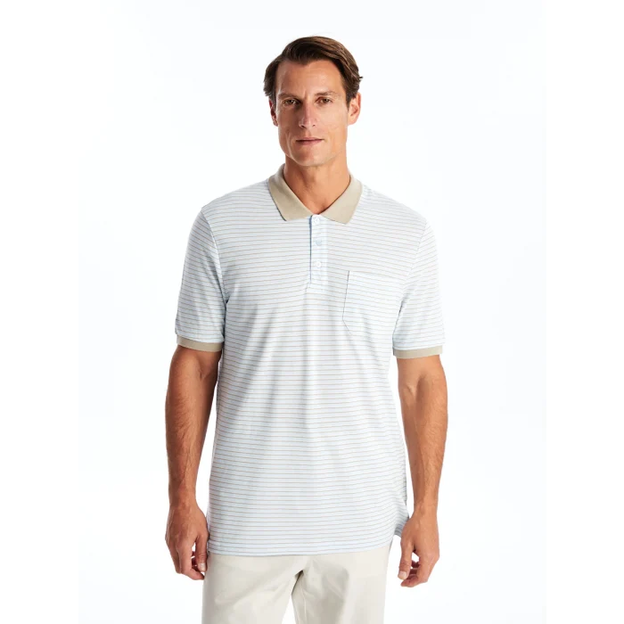 LCWAIKIKI Classic Mavi Polo Yaka Kısa Kollu Çizgili Pike Erkek Tişört