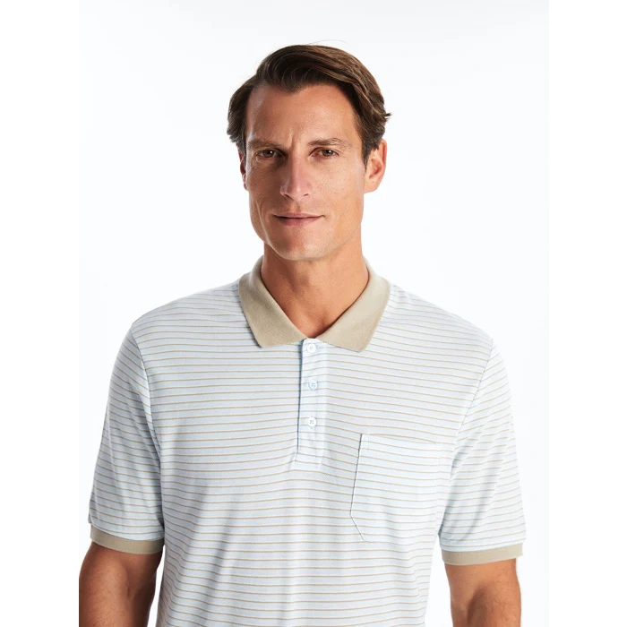 LCWAIKIKI Classic Mavi Polo Yaka Kısa Kollu Çizgili Pike Erkek Tişört