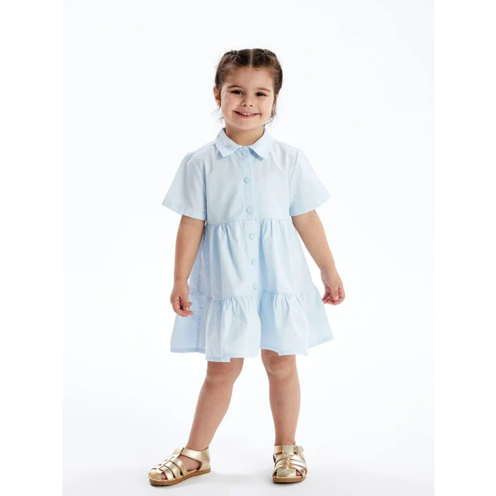 LCW Kids Mavi Gömlek Yaka Kısa Kollu Kız Bebek Elbise