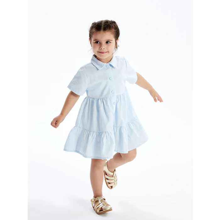 LCW Kids Mavi Gömlek Yaka Kısa Kollu Kız Bebek Elbise