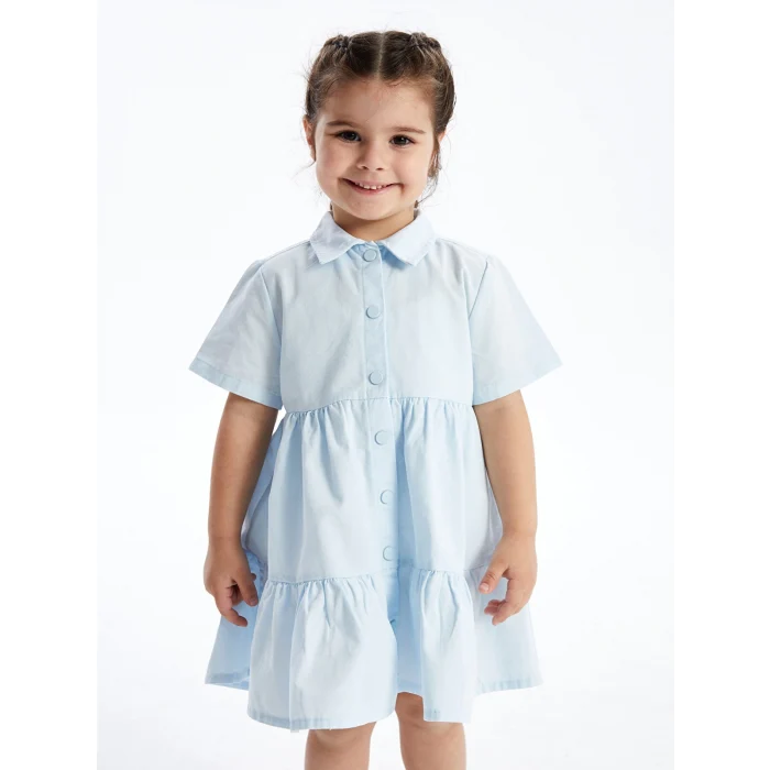 LCW Kids Mavi Gömlek Yaka Kısa Kollu Kız Bebek Elbise