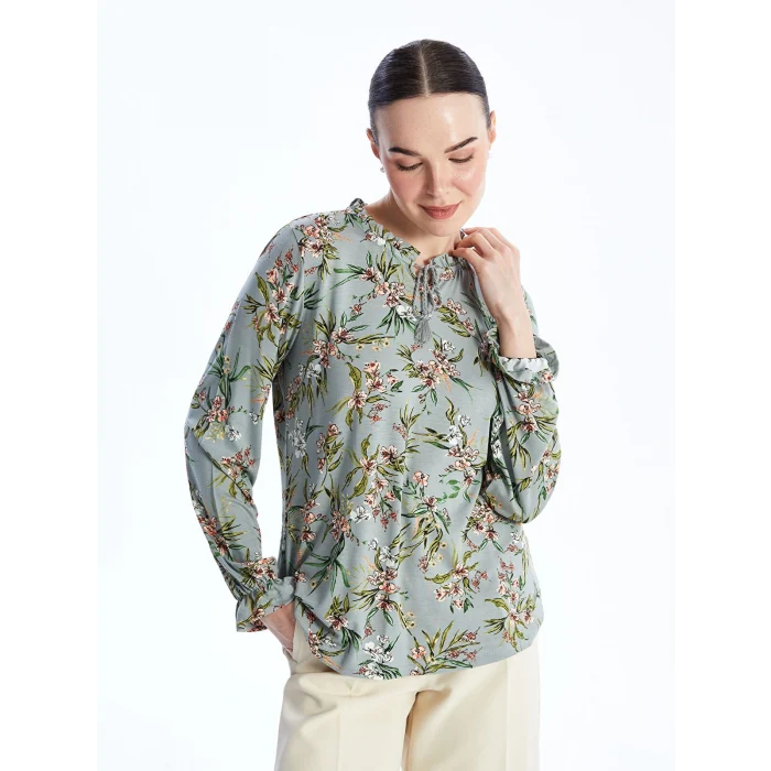 LCW Grace Yeşil Bağlamalı Yaka Desenli Uzun Kollu Kadın Bluz
