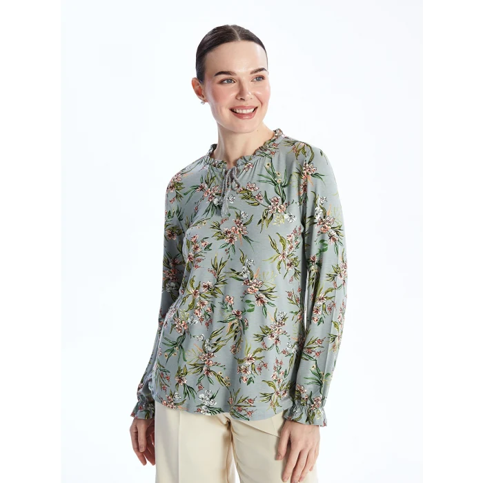 LCW Grace Yeşil Bağlamalı Yaka Desenli Uzun Kollu Kadın Bluz