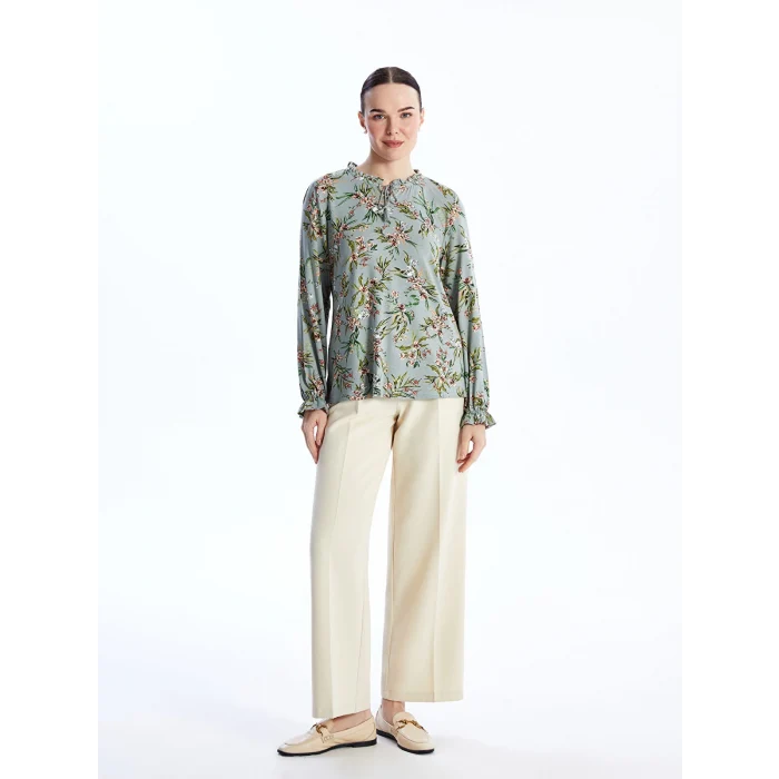 LCW Grace Yeşil Bağlamalı Yaka Desenli Uzun Kollu Kadın Bluz