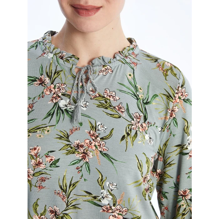 LCW Grace Yeşil Bağlamalı Yaka Desenli Uzun Kollu Kadın Bluz