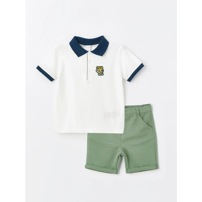 LCW Kids Ekru Polo Yaka Kısa Kollu Erkek Bebek Tişört ve Şort 2li Takım