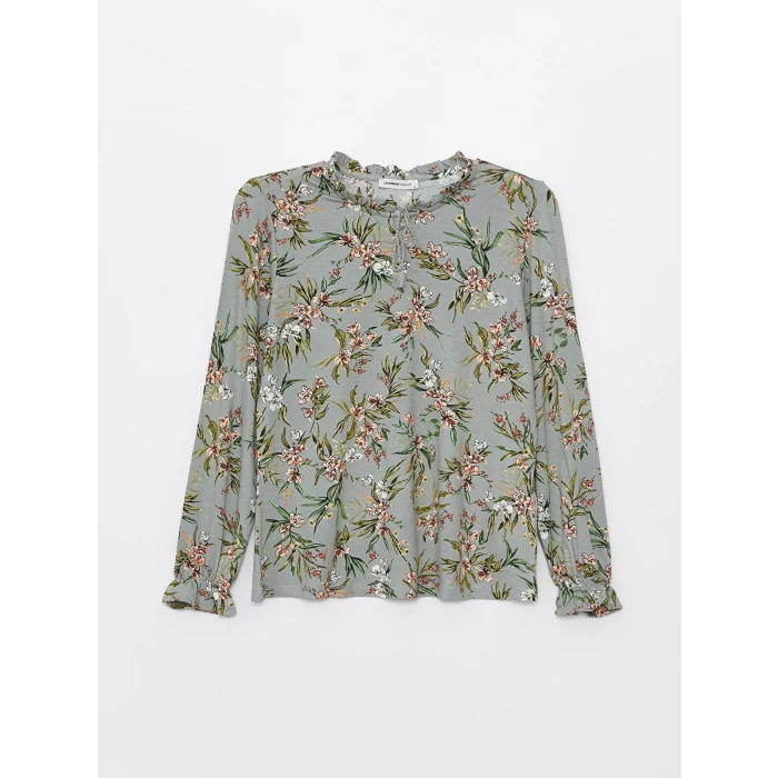 LCW Grace Yeşil Bağlamalı Yaka Desenli Uzun Kollu Kadın Bluz