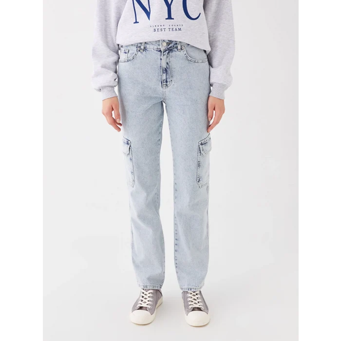 LCW Jeans Indigo Straight Fit Kadın Kargo Jean Pantolon
