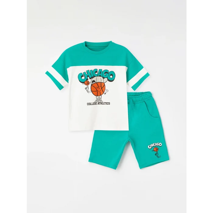 LCW Kids Ekru Bisiklet Yaka Kısa Kollu Baskılı Erkek Bebek Tişört ve Şort 2li Takım