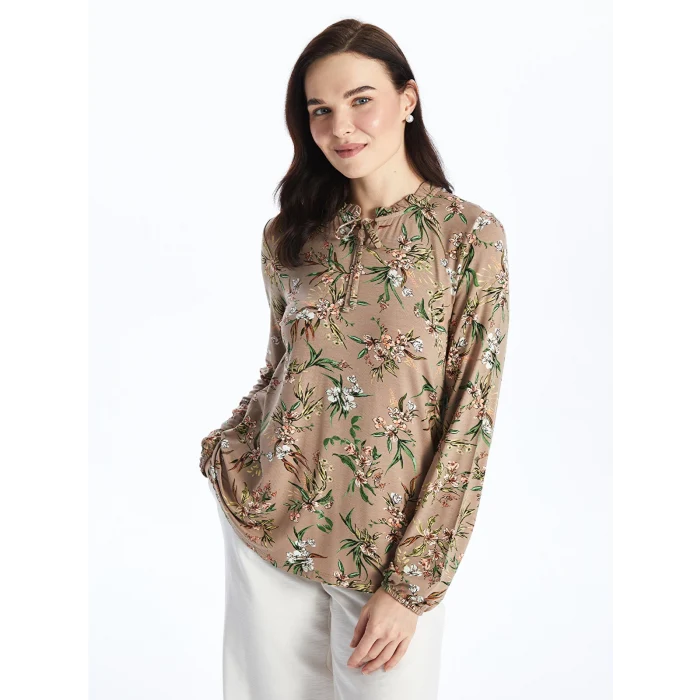 LCW Grace Bej Bağlamalı Yaka Desenli Uzun Kollu Kadın Bluz