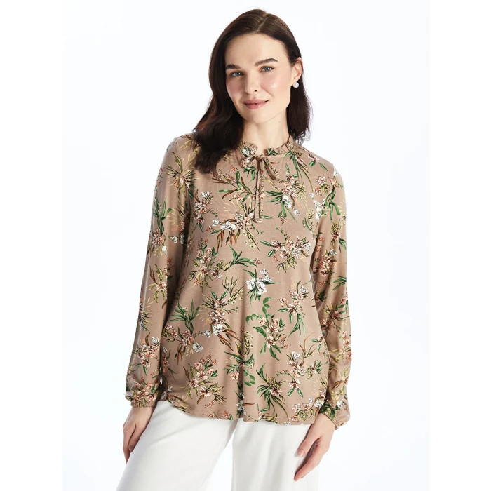 LCW Grace Bej Bağlamalı Yaka Desenli Uzun Kollu Kadın Bluz