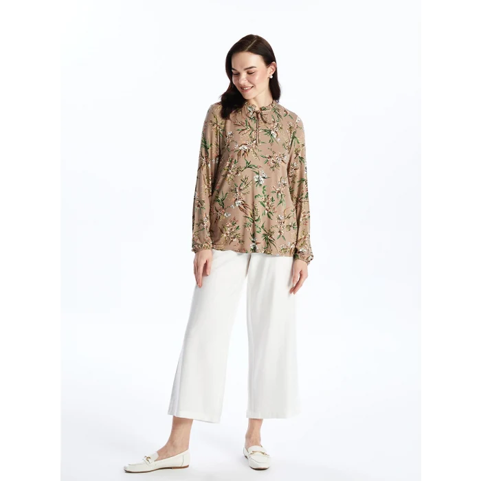 LCW Grace Bej Bağlamalı Yaka Desenli Uzun Kollu Kadın Bluz