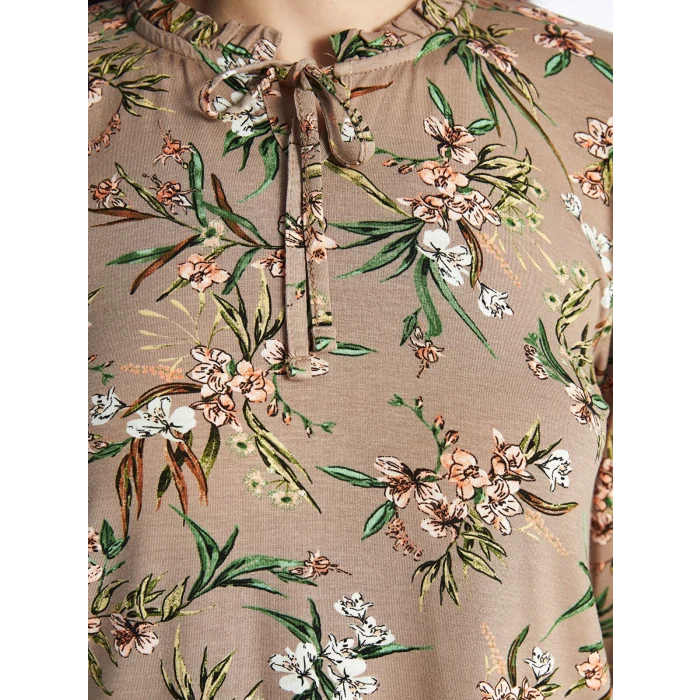 LCW Grace Bej Bağlamalı Yaka Desenli Uzun Kollu Kadın Bluz