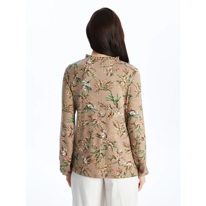 LCW Grace Bej Bağlamalı Yaka Desenli Uzun Kollu Kadın Bluz