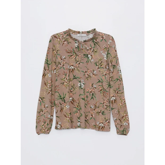 LCW Grace Bej Bağlamalı Yaka Desenli Uzun Kollu Kadın Bluz