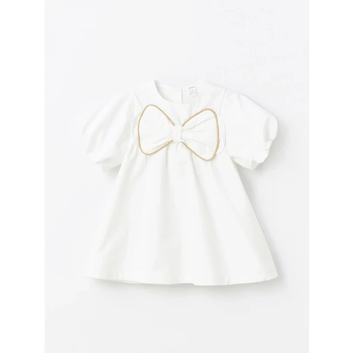 LCW Kids Ekru Bisiklet Yaka Kısa Kollu Kız Bebek Poplin Elbise