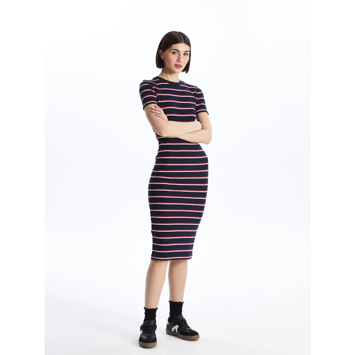 LCWAIKIKI Classic Lacivert Bisiklet Yaka Çizgili Kadın Elbise