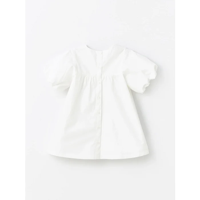 LCW Kids Ekru Bisiklet Yaka Kısa Kollu Kız Bebek Poplin Elbise