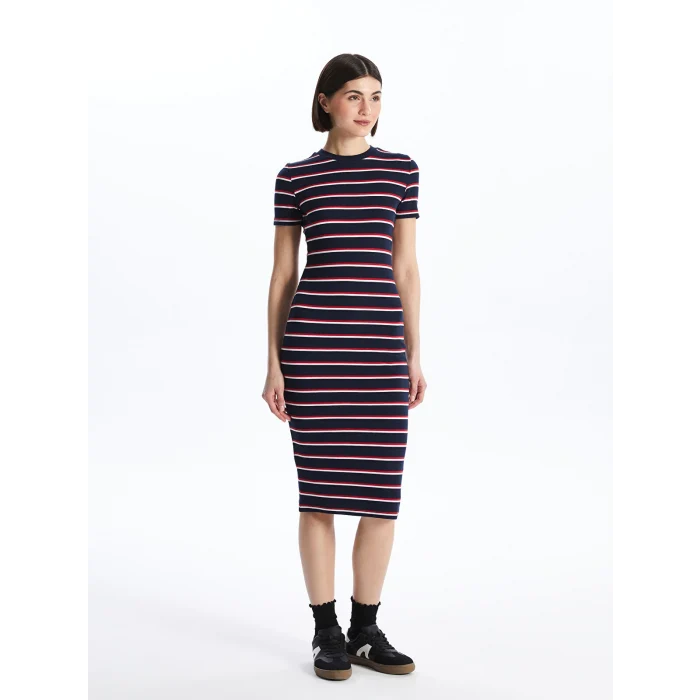 LCWAIKIKI Classic Lacivert Bisiklet Yaka Çizgili Kadın Elbise