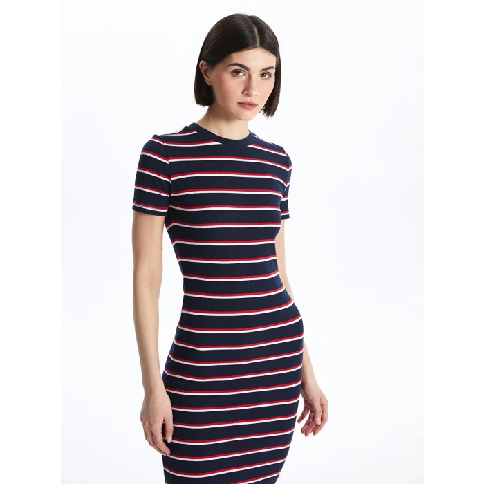 LCWAIKIKI Classic Lacivert Bisiklet Yaka Çizgili Kadın Elbise