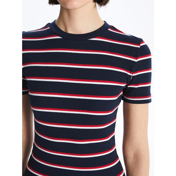 LCWAIKIKI Classic Lacivert Bisiklet Yaka Çizgili Kadın Elbise