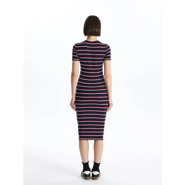 LCWAIKIKI Classic Lacivert Bisiklet Yaka Çizgili Kadın Elbise